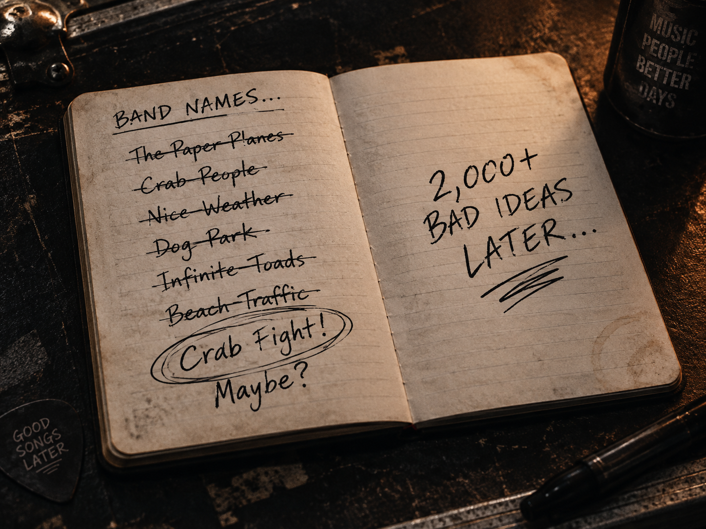 Open notebook showing crossed-out band names and Crab Fight circled